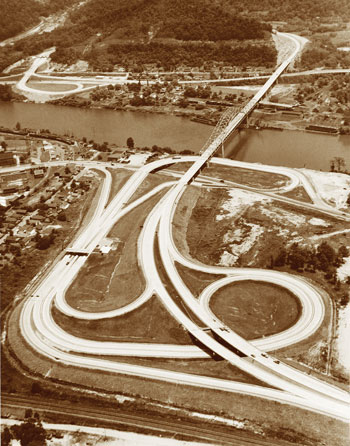 An aerial view of a toll road in West Virginia from the 1950s.