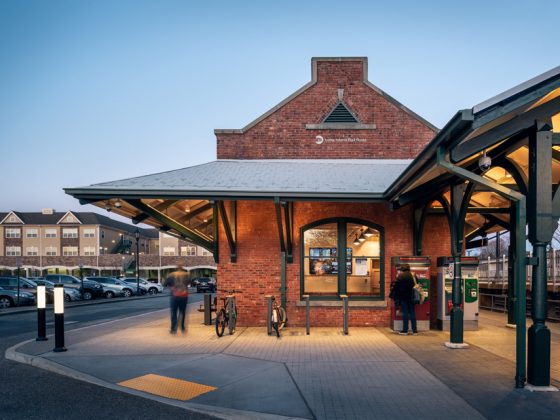 Outside view of the restored Farmingdale Station shows red brick exterior.