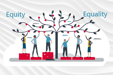 Illustration of people standing on platforms reaching for fruit on a tree. Platforms are level on right side of tree showing equality, and platforms are at various levels on left side of tree showing equity.