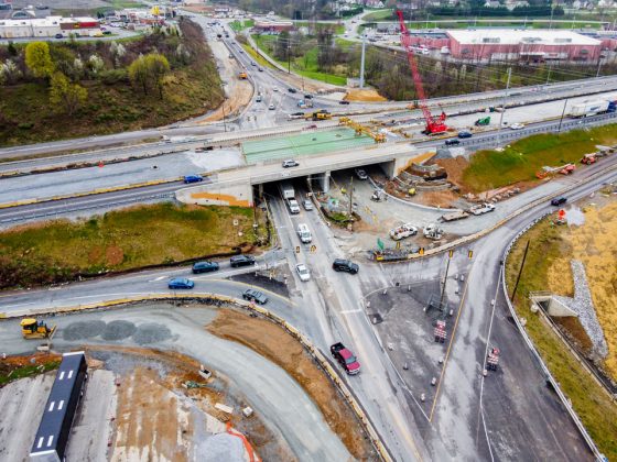 Construction phase of the project An overhead view of the interchange construction looking west.