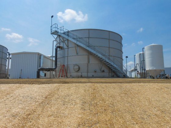 1. Exterior view of a wastewater pretreatment facility at a meat production facility.