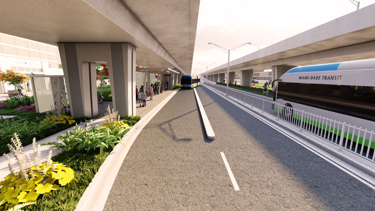 Rendering of the front view of a bus approaching a BRT station in a dedicated bus lane underneath an elevated structure in Miami-Dade County, Florida.