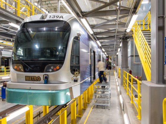 Valley Metro light rail vehicle in an inspection pit.